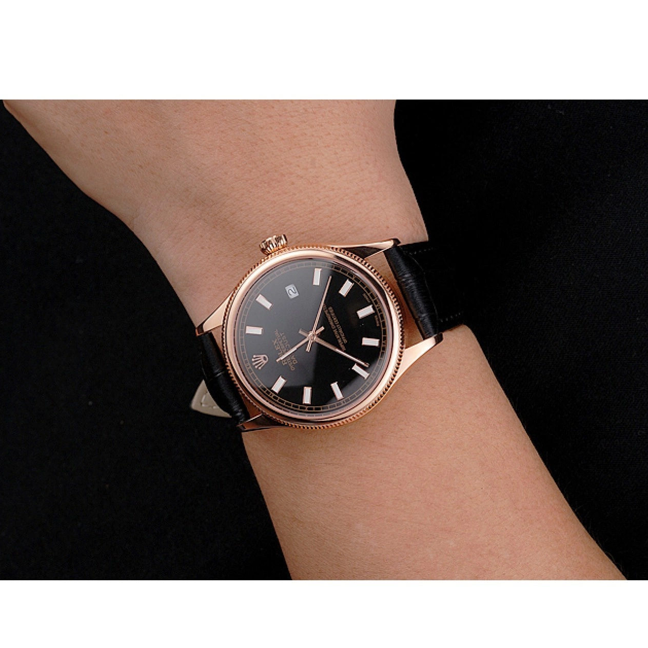 Rolex aaa copy Leather Rolex Dial Swiss Black Strap Gold Rose Case Datejust Black 0602